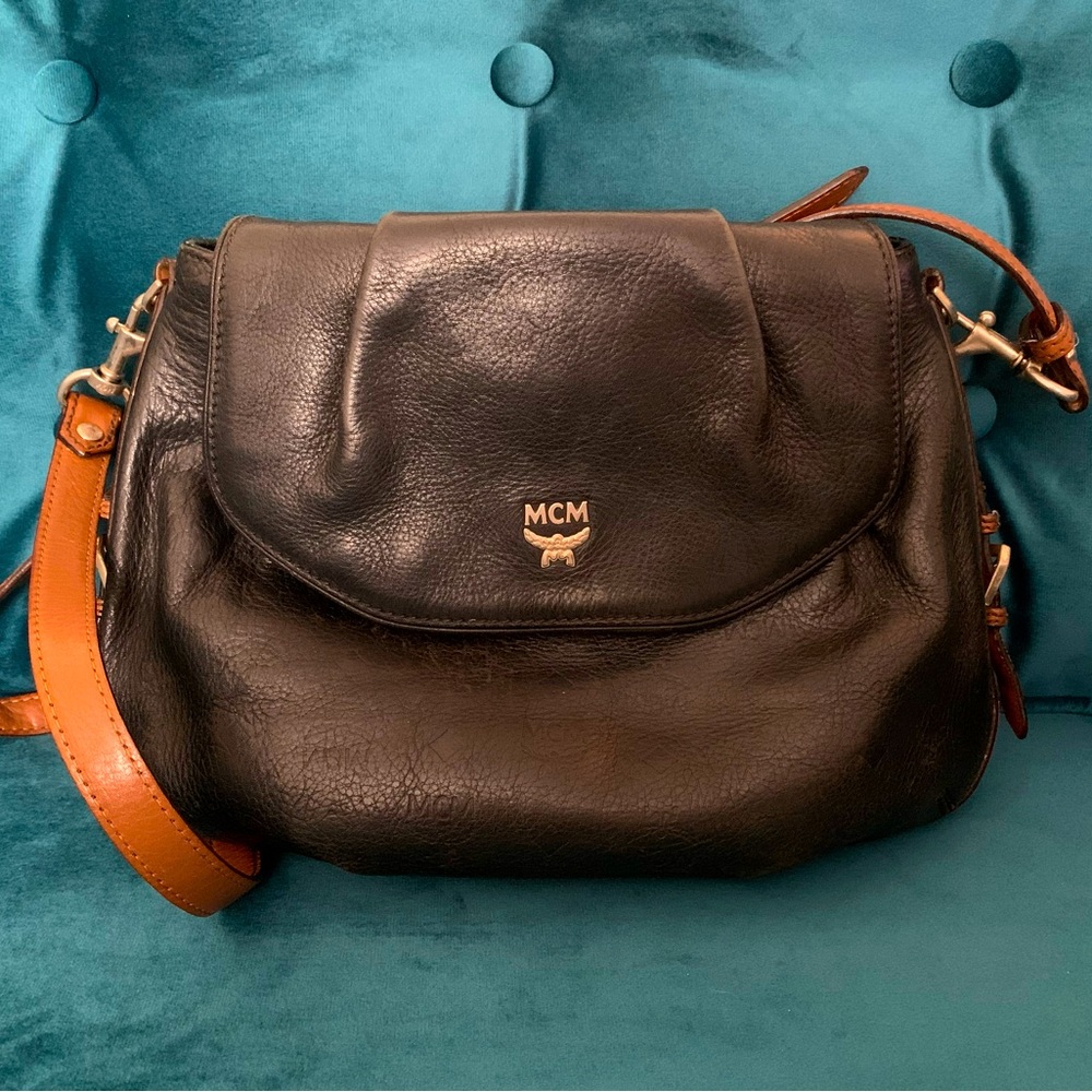 MCM Half Moon Messenger Black Leather Shoulder Bag